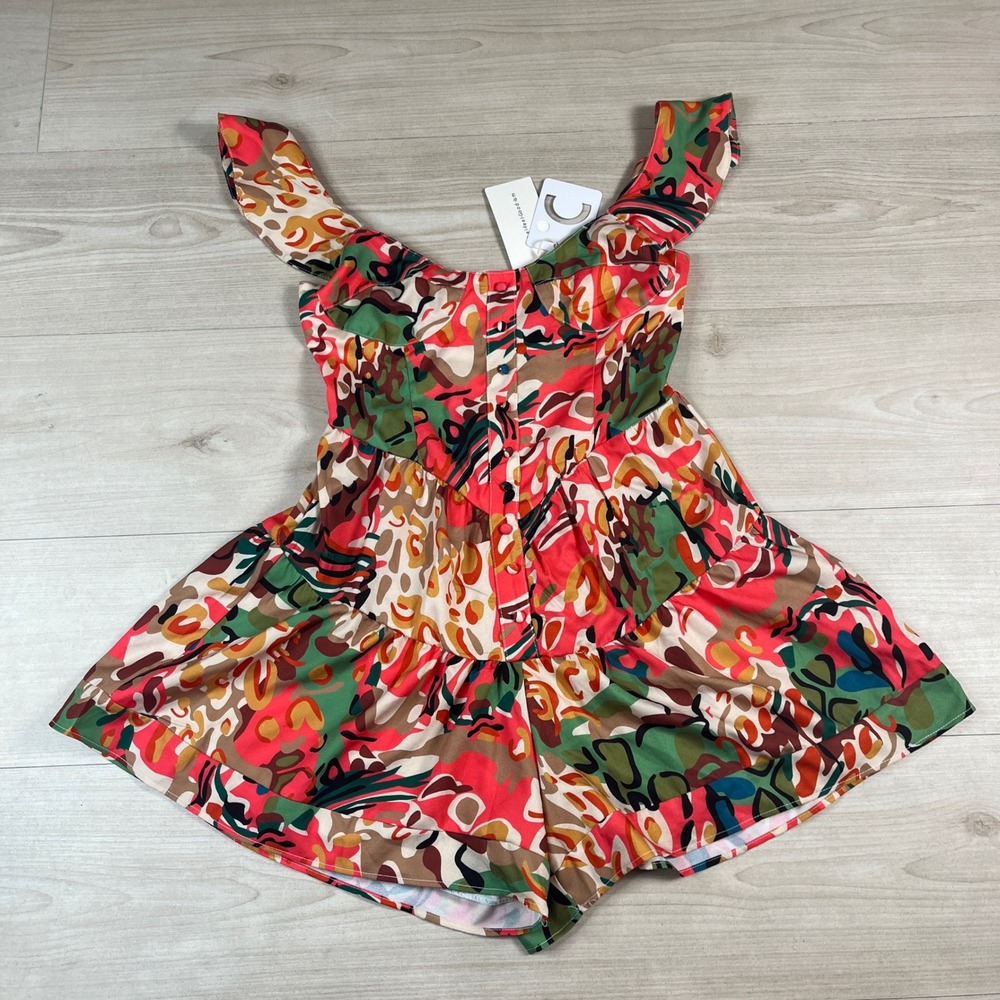 Commense Abstract Print Ruffle Strap Romper Multi Color XS NWT